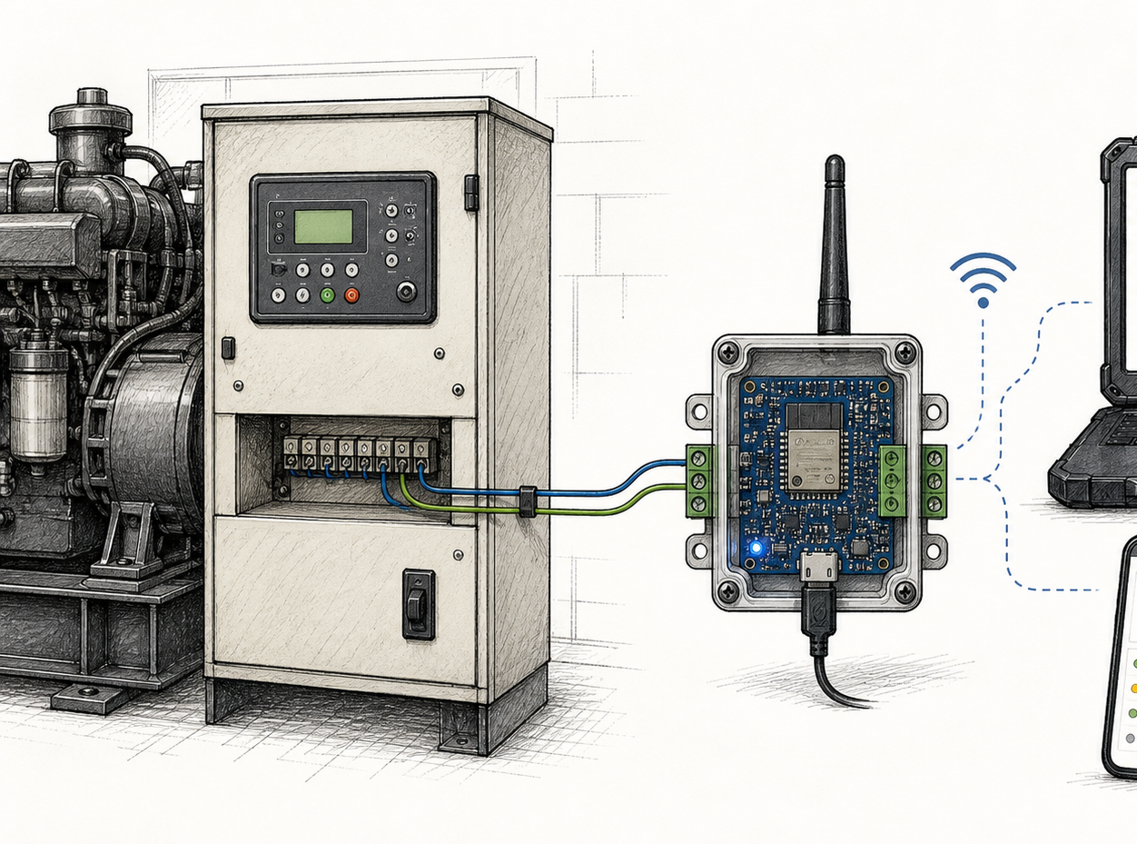 Drawn genset monitoring schematic with gateway, laptop, and phone